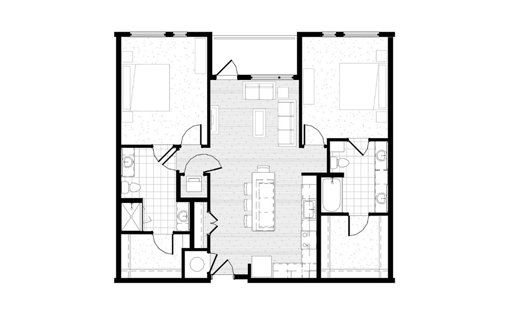 B17 - 2 bedroom floorplan layout with 2 baths and 1264 square feet.